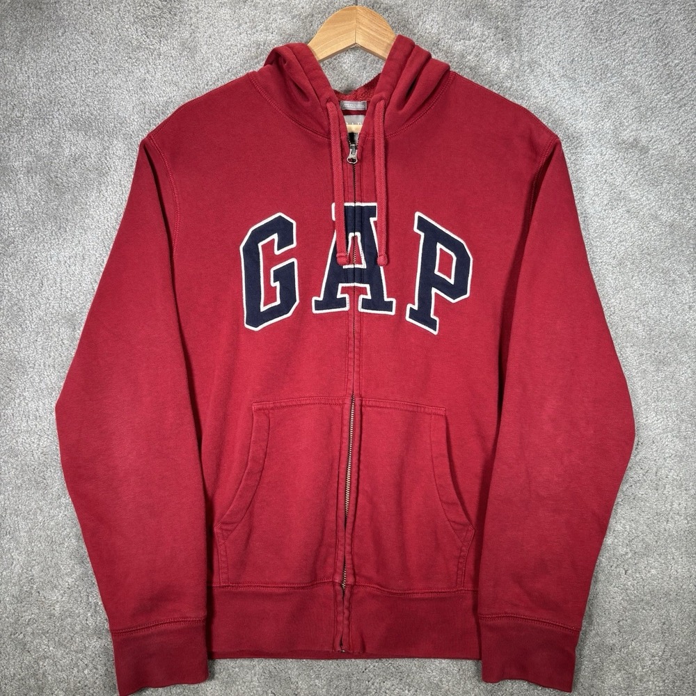 GAP Hoodie Sweatshirt Mens M Red Fleece Full Zip Embroidered Arch Logo